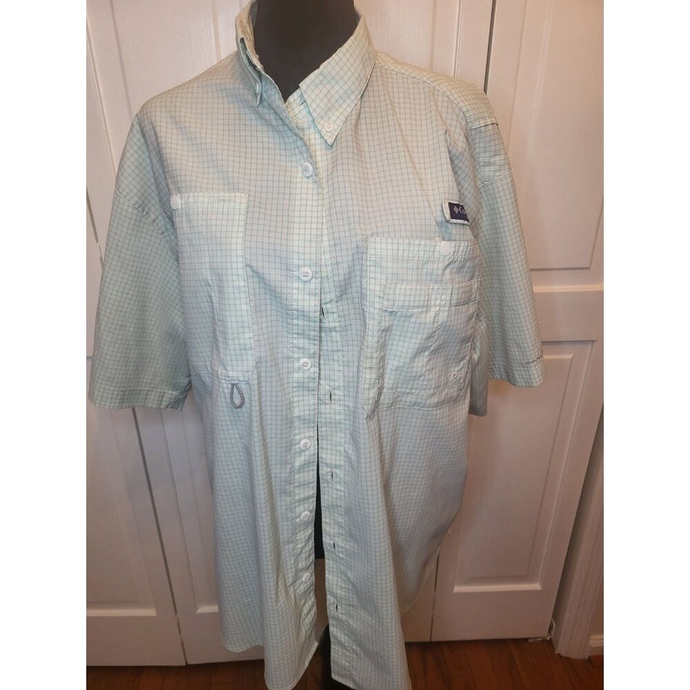 Columbia PFG Green/White Check Button Up Shirt XL Gorpcore Fishing Hiking Nature